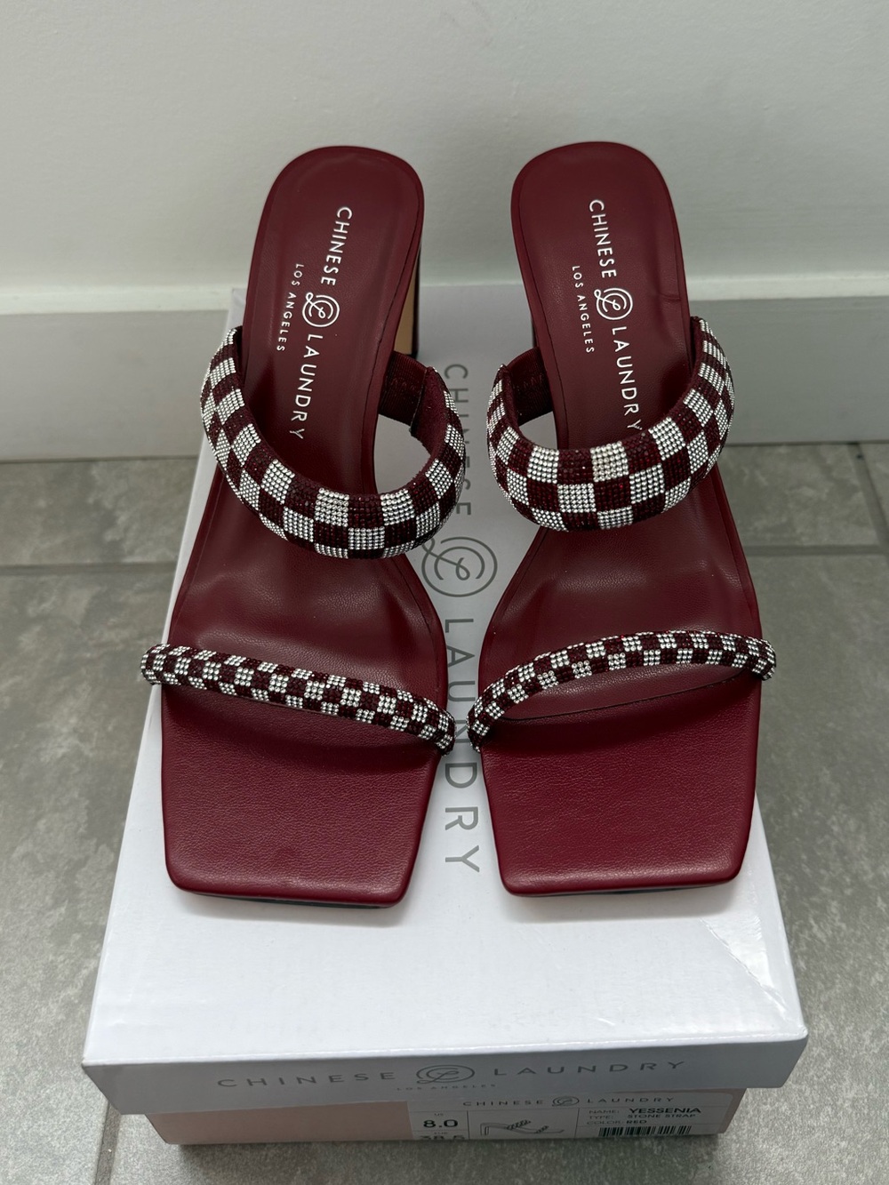 Chinese Laundry Wine Red Beaded Checkerboard Strappy Heels
